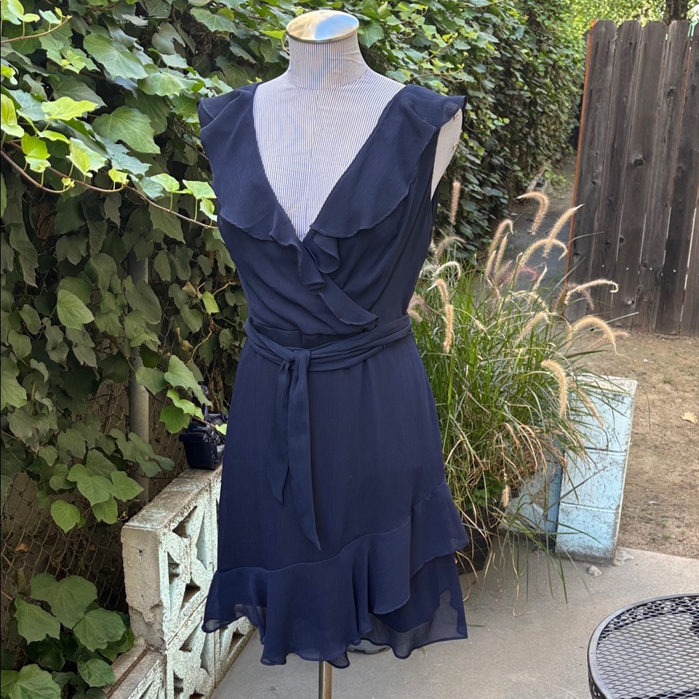 DKNY Navy Ruffle Wrap Dress with Tie Waist Size 12